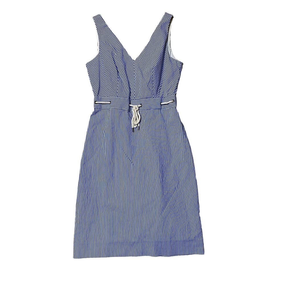 J Crew Coastal Grandma Preppy Striped V Neck Rope Tie Waist Dress Blue White 0